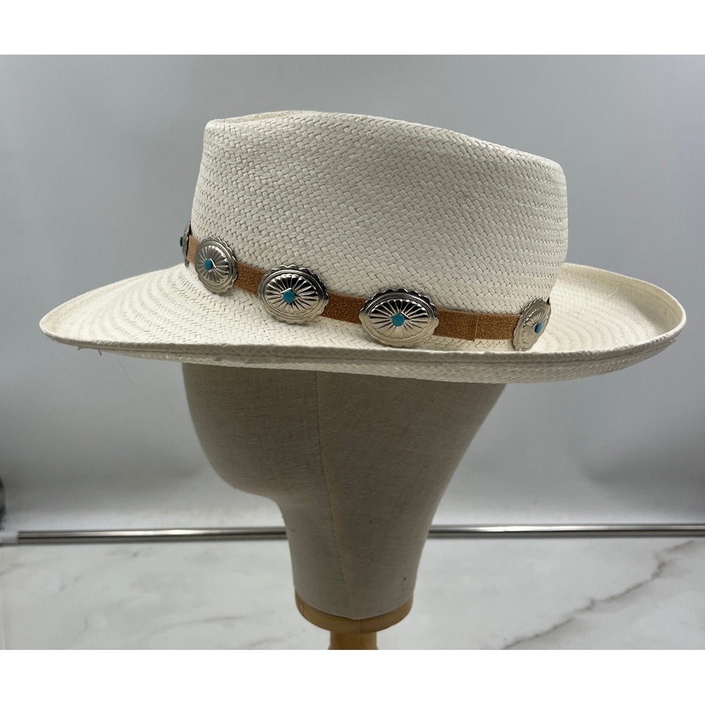 The Scala Collection White Straw Fedora Hat Western Concho Turquoise Medium USA - Picture 1 of 10